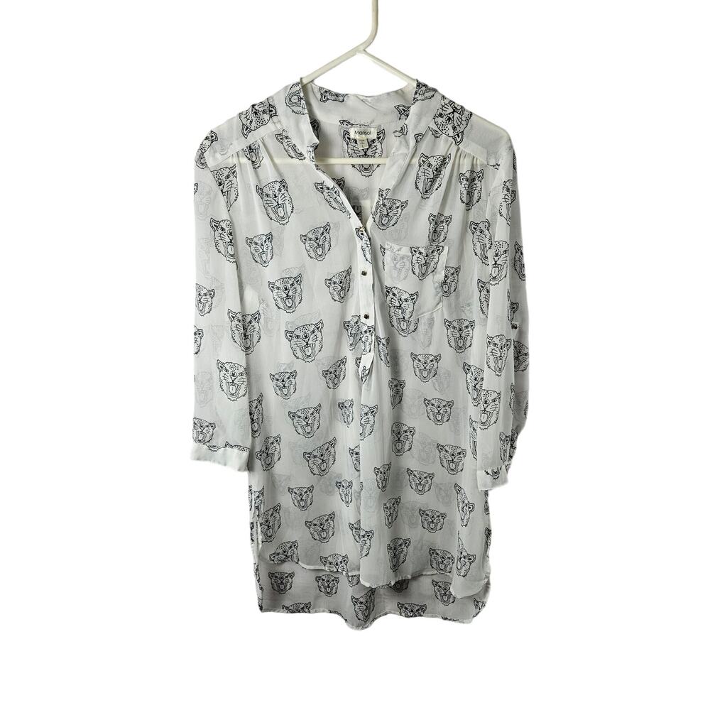 Marisol Women's 3/4 Sleeve Sheer Blouse Size Large White Black Tigers Pocket